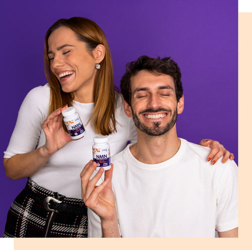 Photo of a young couple holding bottles of NMN