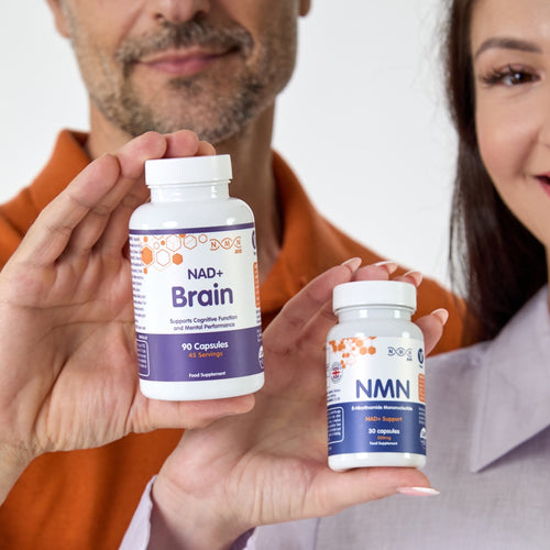 Two people holding bottles of NAD+ Brain and NMN supplements against a white background
