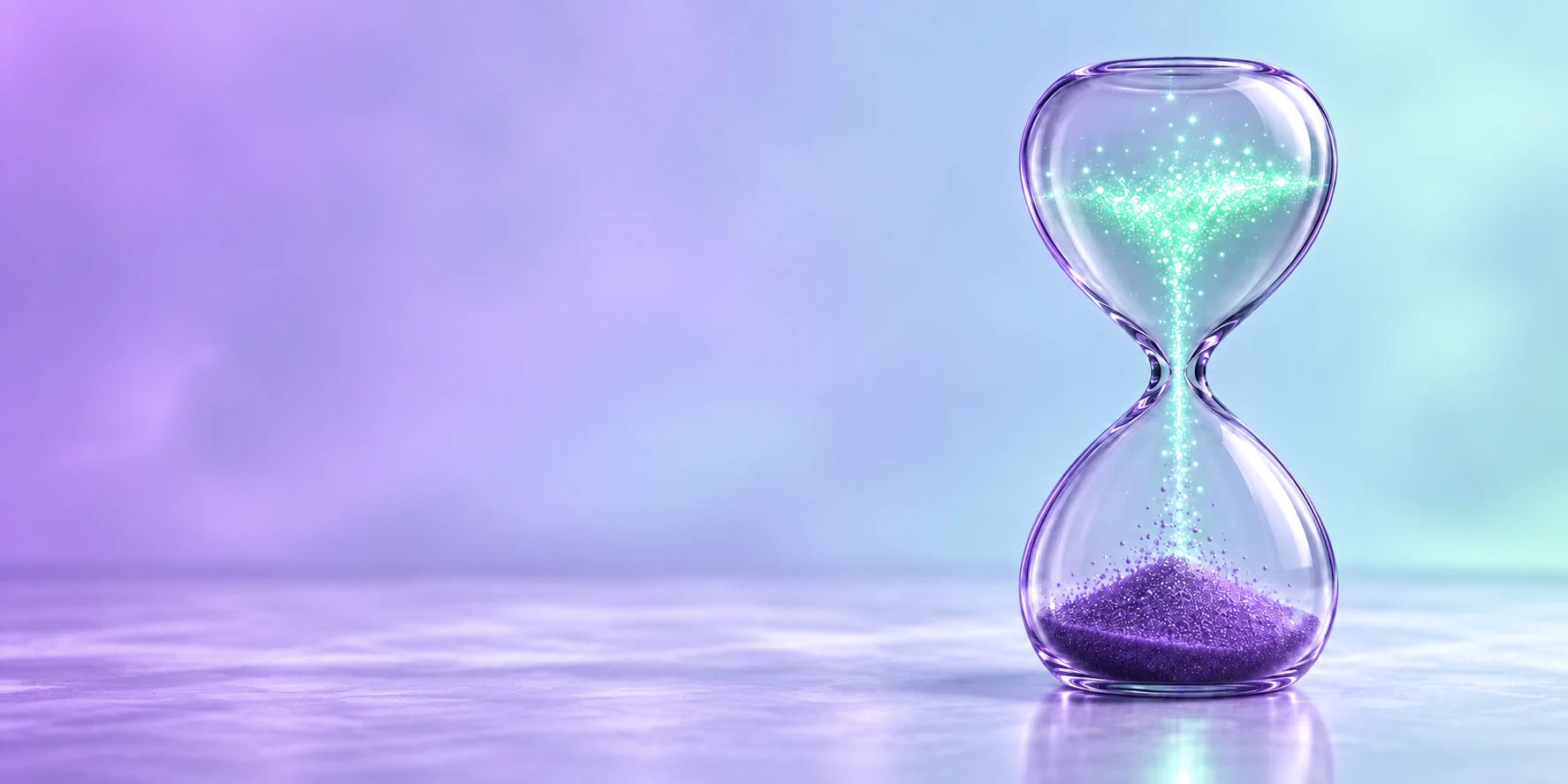 A glass hourglass with luminous mint particles rising through violet sand.