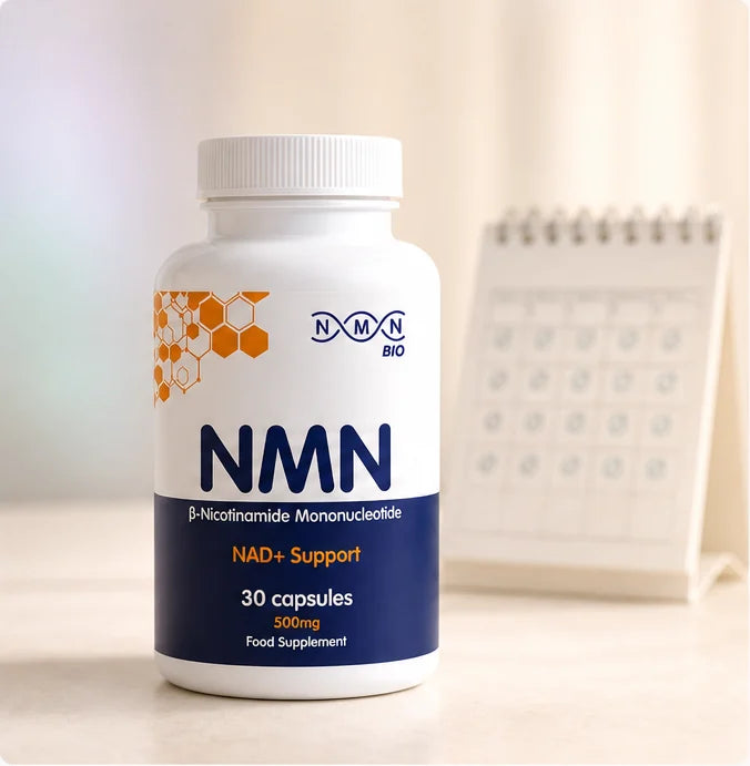 NMNBio NMN bottle beside a daily calendar